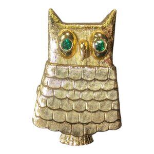 Vintage Avon Jeweled Owl Pin Brooch Perfume Glace Holder Green Rhinestone Eyes